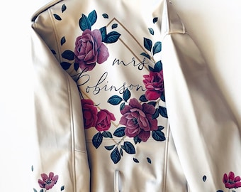 Floral Painted Jacket, Last name Jacket, Hand painted wedding Jacket, Spring Wedding, bridesmaids Jacket, last name jacket, Floral Jacket