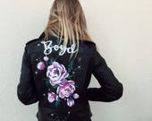 Bride Leather Jacket. Hand painted custom Design. Wedding day, bespoke, elopement.