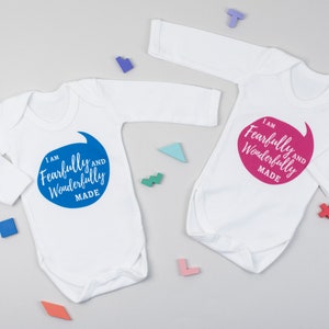 I am fearfully and wonderfully made - Long Sleeved Baby Vest Christian Organic 100% cotton. Size 0-3 or 3-6 months, blue or pink