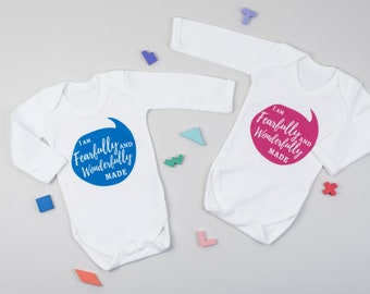 I am fearfully and wonderfully made - Long Sleeved Baby Vest Christian Organic 100% cotton. Size 0-3 or 3-6 months, blue or pink