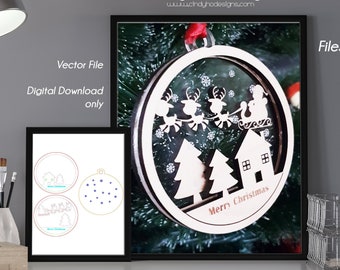 Le Père Noël et le Renne livrent des cadeaux d’ornement à 3 couches - Téléchargement instantané de fichiers vectoriels