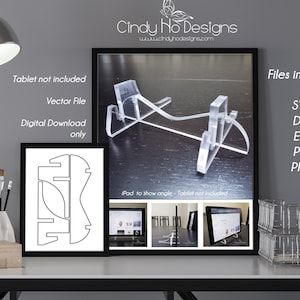 May include: A digital download of a vector file for a clear acrylic tablet stand. The file includes SVG, DXF, EPS, PDF, and PNG formats. The stand is shown in a mockup with an iPad on a table.