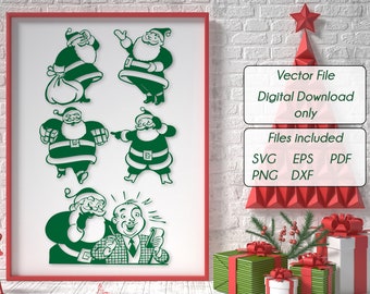 Vintage Santa Set - Archivos de corte - Vector, DXF, SVG - Silueta de Navidad, Cricut, Invitaciones Decoraciones