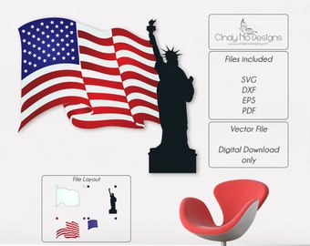 Bandera Americana con Estatua de la Libertad Archivos de Corte de Calcomanía de Vinilo en Capas - Vector, PNG, DXF, SVG - Silueta, Cricut, Decoraciones