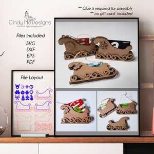 Christmas Sleigh Gift Card Holder Laser Cut Digital Vector File -  Commercial License - Gift Card File Not Included - Instant Download