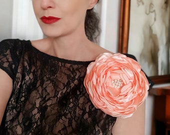 Big coral flower brooch, Coral flower pin, Oversized shoulder brooch, Large silk flower brooch, Silk flower brooch, Large coral rose pin