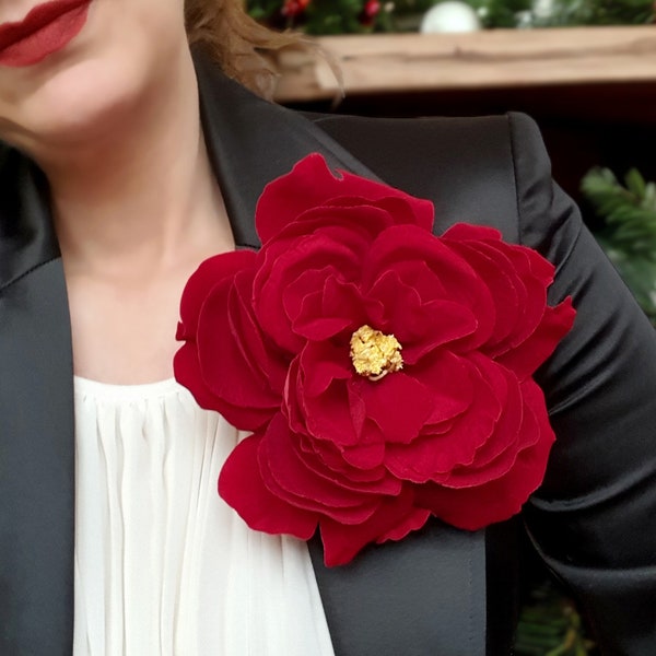 Big red brooch, Red flower brooch, Large rose, Oversized brooch, Red velvet corsage, Large flower brooch, Velvet flower brooch, Red rose pin