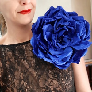 Big blue brooch, Blue flower brooch, Royal blue corsage, Oversized brooch, Shoulder corsage, Large fabric brooch, Silk flower brooch