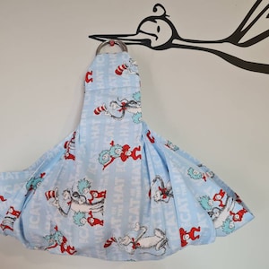 May include: A blue baby sling with a white background and a pattern of the Cat in the Hat characters. The sling is hanging from a hook.