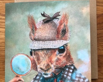 Secret Squirrel Detective Card Sherlock Holmes Magnifying Glass Deer Stalker Tweed Red Squirrel