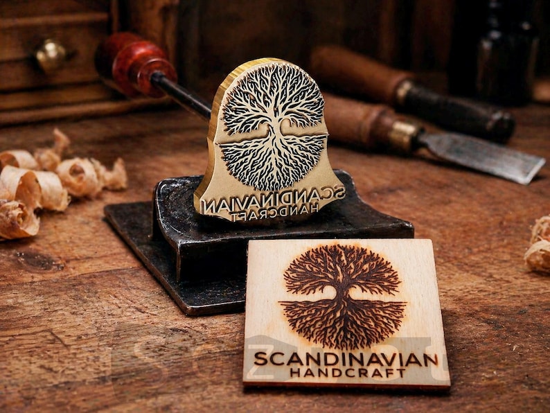 May include: A wooden stamp with a tree design and the text "SCANDINAVIAN HANDCRAFT" is shown next to a wooden block with the same design. The stamp is on a metal base with a wooden handle. The background includes woodworking tools.