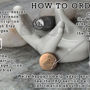 May include: A bronze-colored stamp with a crescent moon and silhouette design, resting on a white ceramic hand. The image includes text that says "HOW TO ORDER" and instructions on how to order through Etsy messages.