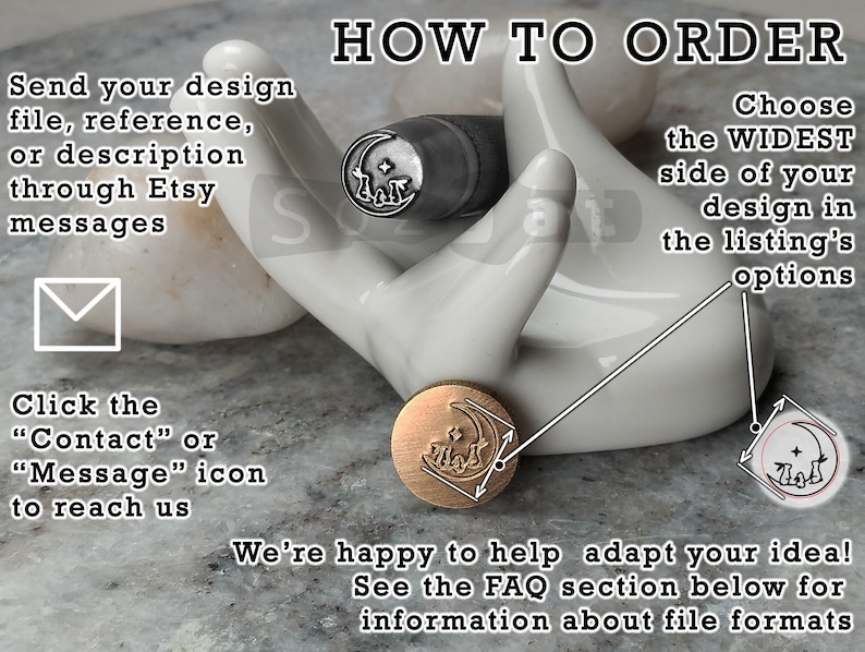 May include: A bronze-colored stamp with a crescent moon and silhouette design, resting on a white ceramic hand. The image includes text that says "HOW TO ORDER" and instructions on how to order through Etsy messages.