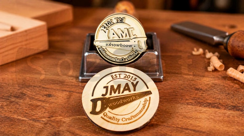 May include: Two custom wood stamps with circular designs and the text "JMAY woodworks" and "AMC". The stamps feature a saw graphic and the words "Quality Craftsmanship" and "EST 2015". One stamp is in a metal holder. The background is a wooden surface.