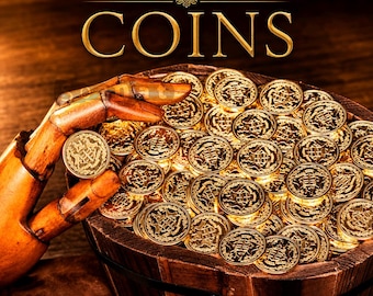 May include: A wooden hand holds a gold coin, with a wooden bucket overflowing with gold coins. The coins have a detailed design. The words "CUSTOM COINS" are displayed in gold lettering above the bucket.