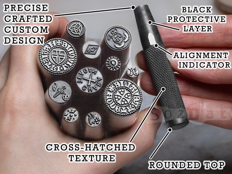 May include: A collection of metal stamps with various designs, including crosses and Celtic knots. The stamps have a cross-hatched texture and are held with a black handled tool with an alignment indicator. The text on the image says "Precise Crafted Custom Design".
