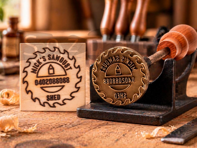 May include: A wooden stamp and a round metal stamp with the text "Mick's Sawdust" and a phone number. The metal stamp is in a black metal holder. The wooden stamp is square and has the same text and phone number.