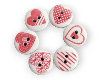 Wooden button Wooden buttons DIY wooden buttons - round with red hearts - 5 pieces