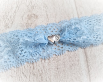 Handmade garter in different colors lace ribbon bride/wedding bridal garter - with silver hearts