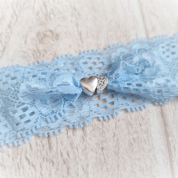 Handmade garter in different colors lace ribbon bride/wedding bridal garter - with silver hearts