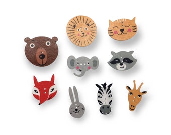 Holzknopf Holzknöpfe Knöpfe aus Holz DIY - Zoo Tiere Löwe, Fuchs, Elefant, Hase, Giraffe, Waschbär, Zebra, Bär oder Katze