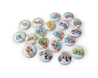 Wooden button Wooden buttons Wooden buttons DIY - round vehicles, car, plane, helicopter, motorcycle, boat, bus - 5 pieces