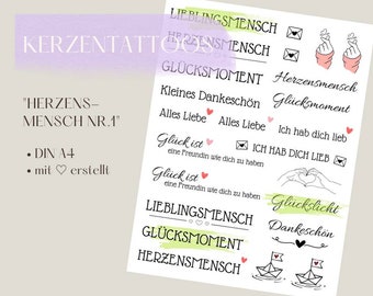 Kerzentattoos/ Tattoos Herzensmensch Danke sagen Deko DIN A4 Bogen DIY für Kerzen Stabkerzen Tattoo Wasserschiebefolie