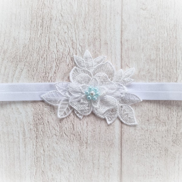 Garter Bride/ Wedding Bridal Garter - with white lace flower and blue pearls