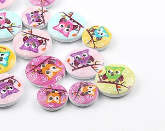 Wooden button Wooden buttons DIY wooden buttons - round with owl motifs - 5 pieces