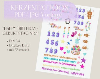 Kerzentattoos/ Kindertattoos Geburtstag Birthday PDF Vorlage/ Datei DIY für Kerzen Stabkerzen Tattoo Wasserschiebefolie zum Ausdrucken