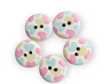 Wooden button Wooden buttons Wooden buttons DIY - round with colorful hearts - 5 pieces