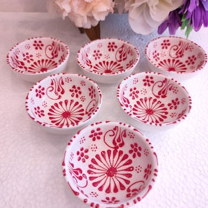 Hand-embroidered red color Decorated 3.15'' (8 cm) Ceramic Bowl - 1.57'' (4 cm) Height