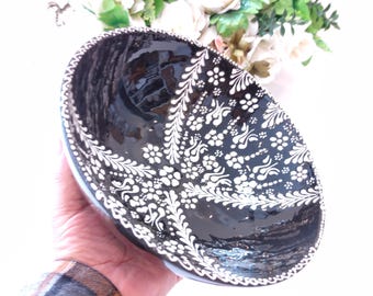 Handmade custom engraved decorative black Ceramic Bowl - 10.20" diameter