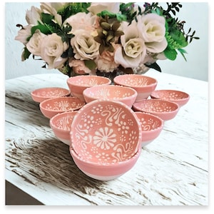 3.14&#39;&#39; Pink Ceramic Bowl – Lace Patterned Handmade Ring Holder & Wedding Favor Keepsake