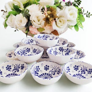 Hand-embroidered royal blue color Decorated 3.15&#39;&#39; (8 cm) Ceramic Bowl - 1.57&#39;&#39; (4 cm) Height