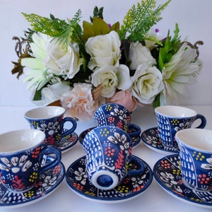 Turkish coffe cup Ceramic handcrafted Set of 6 |Elegant with, Anatolian motifs |handmade pattern