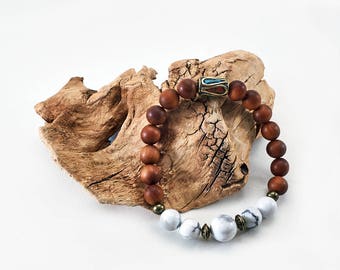 Natural Sandalwood Mala Bracelet with Howlite & Tibetan Bead