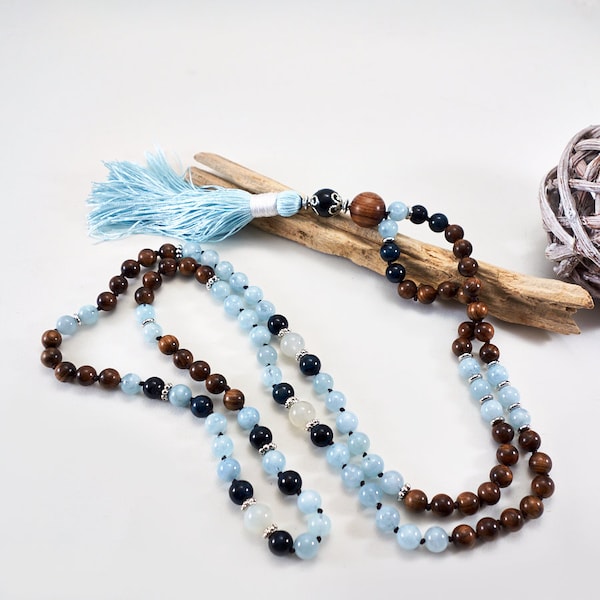 Knotted 108 Aquamarine & African Sandalwood Mala Necklace