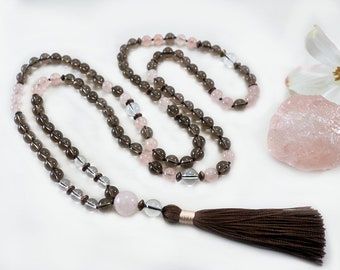 Knotted Smokey Quartz Mala Necklace with Rose and Clear Quartz