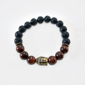 Colección de 10 mm: pulsera de cuentas de piedra de lava y ojo de tigre rojo con dije de Buda