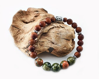 Natural Sandalwood Mala Bracelet with Unakite & Buddha Charm