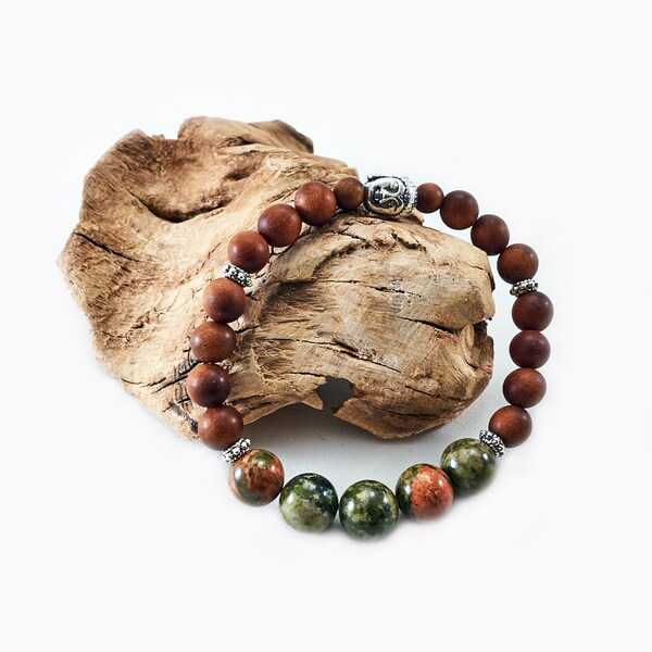 Natürliches Sandelholz Mala Armband mit Unakit & Buddha Anhänger