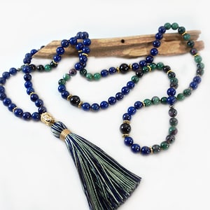 Knotted Lapis Lazuli & Ruby Zoisite Mala Necklace