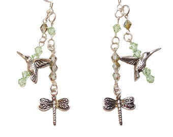 Olivine Peridot Green Crystal Hummingbird Dragonfly Beaded Dangle Drop Earrings