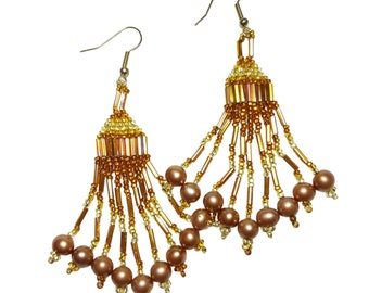 Sparkling Root Beer Brown Topaz Swarovski Pearl Beaded Dangle Drop Earrings