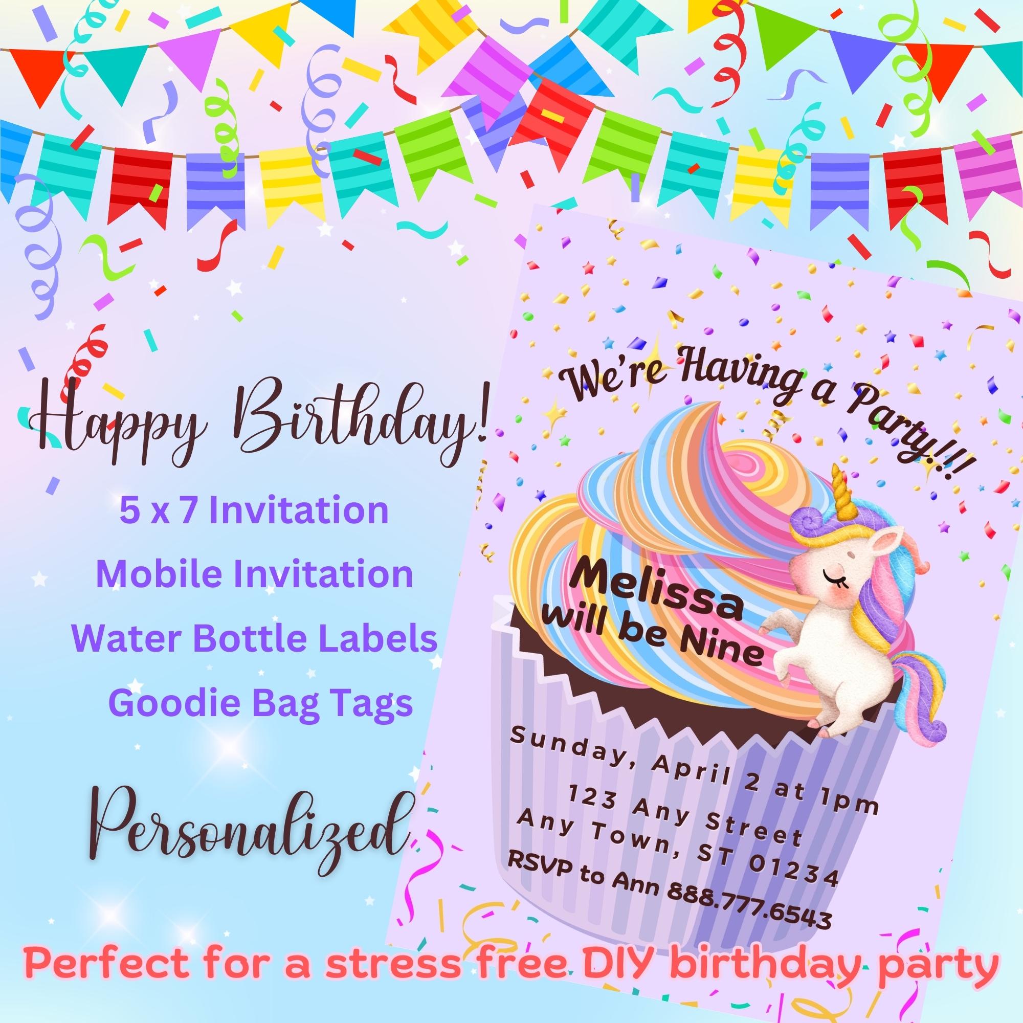 Unicorn Kids Birthday Party Invitation Bundle Melissa