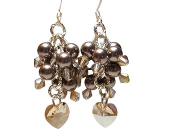 Brown Pearls Crystals Cluster Beaded Dangle Drop Chandelier Earrings