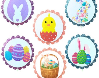 Easter Spring Birthday Party Cupcake Toppers Bunnies Chicks Easter Eggs and Baskets Set 04