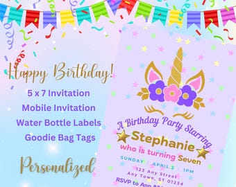 Unicorn Kids Birthday Party Invitation Bundle Stephanie
