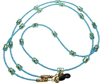 Aquamarine Blue Crystals 14K Gold Accent Beaded Eyeglass Chain